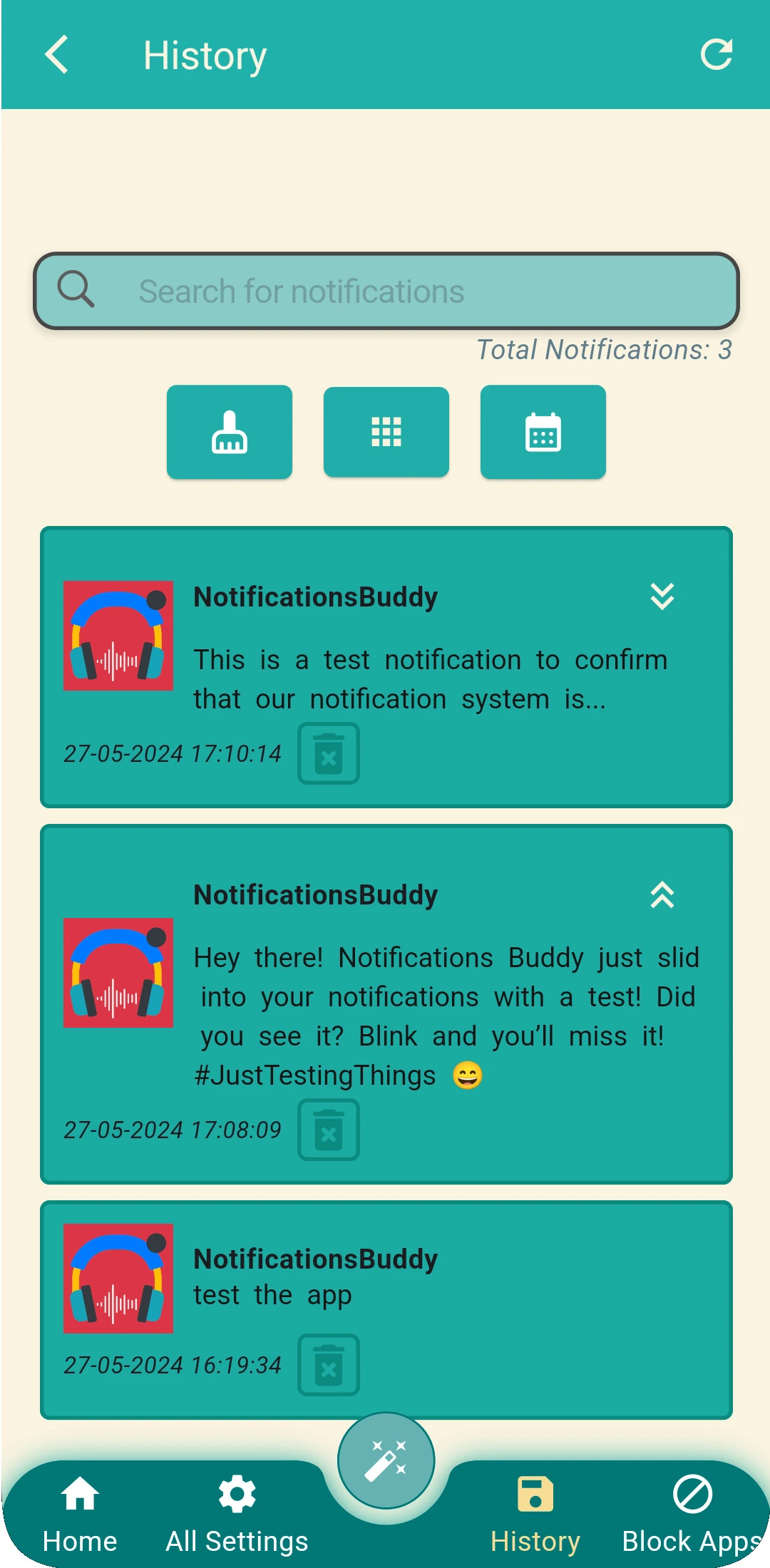Notification Buddy Android App – screenshot of grouped notifications interface